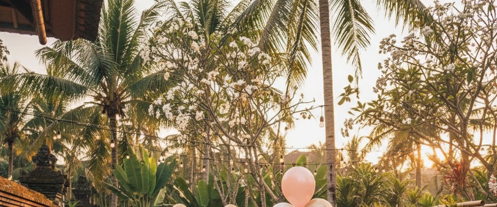 Colorful party decorations and balloons in Bali villa