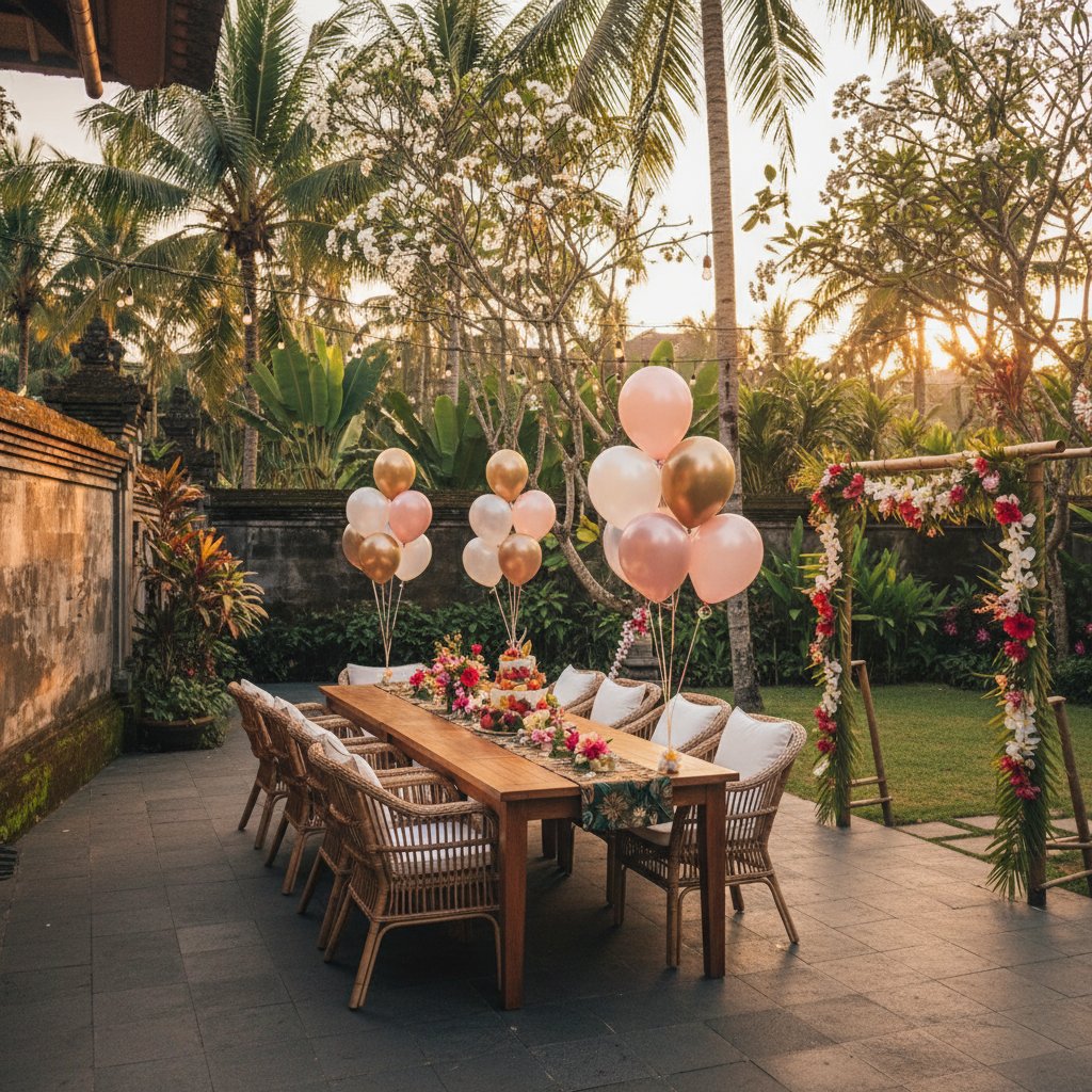 Colorful party decorations and balloons in Bali villa